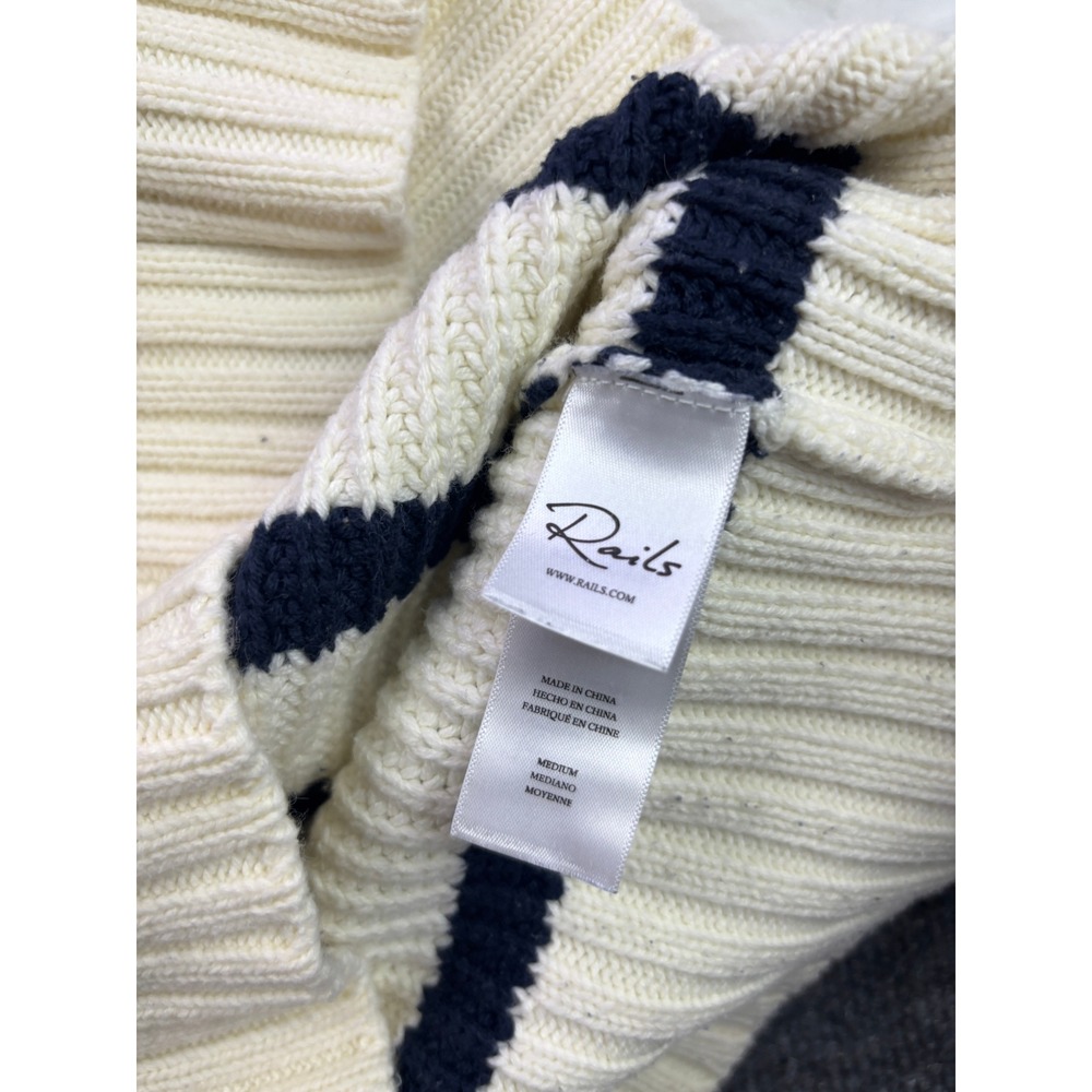 Rails Bambi Mixed Media Sweater Womens Medium Ivory Navy Stripe Puff Sleeve - Picture 5 of 7